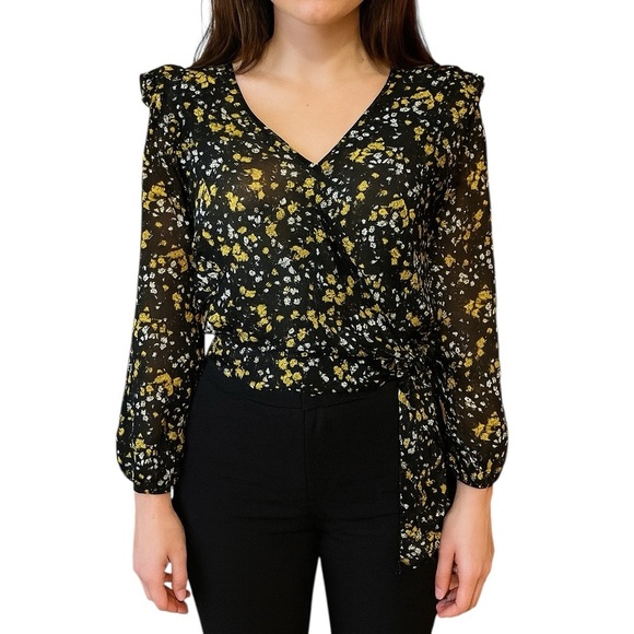 Express Ditsy Floral Blouse Shirt Tie Front Small Boho Ruffles Romantic - Picture 1 of 10